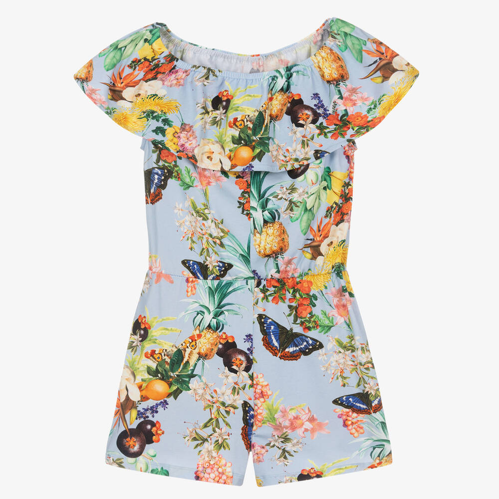 Molo - Girls Blue Cotton Floral & Fruits Playsuit | Childrensalon