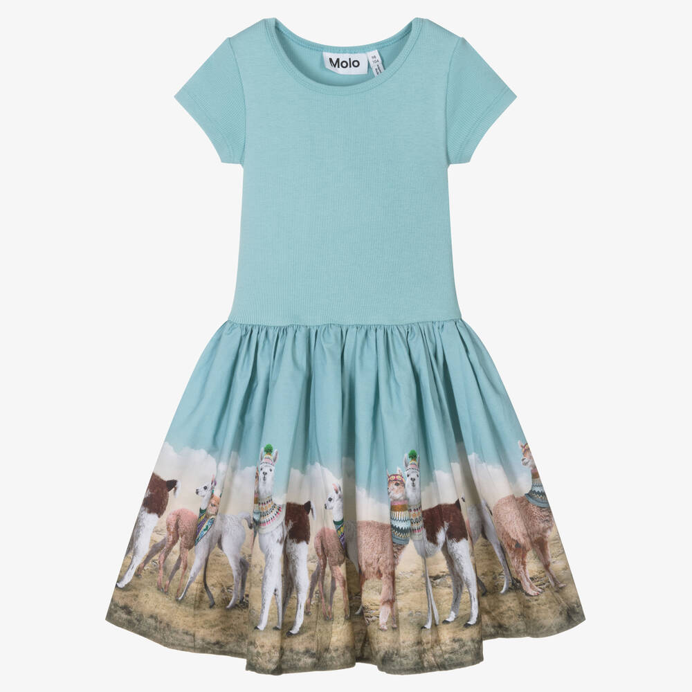 Molo - Girls Blue Cotton Llama Print Dress | Childrensalon