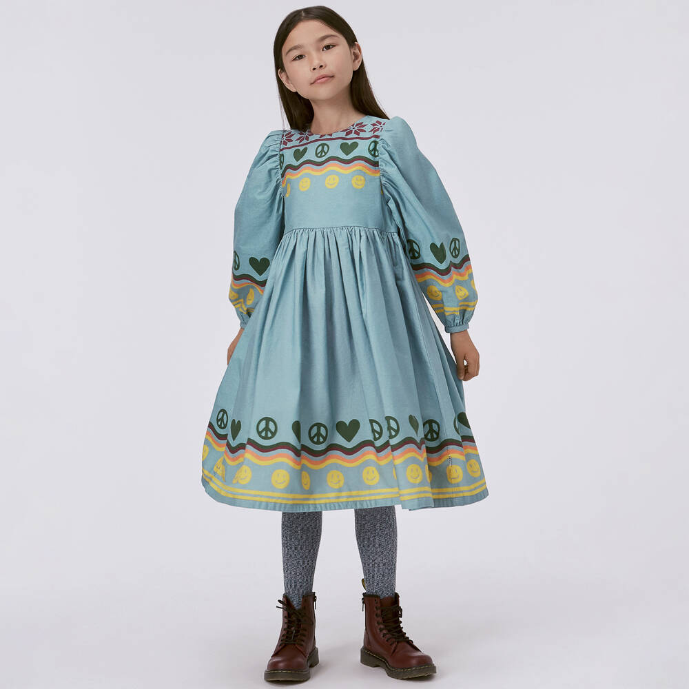 Molo-Girls Blue Cotton Peace & Love Dress | Childrensalon Outlet