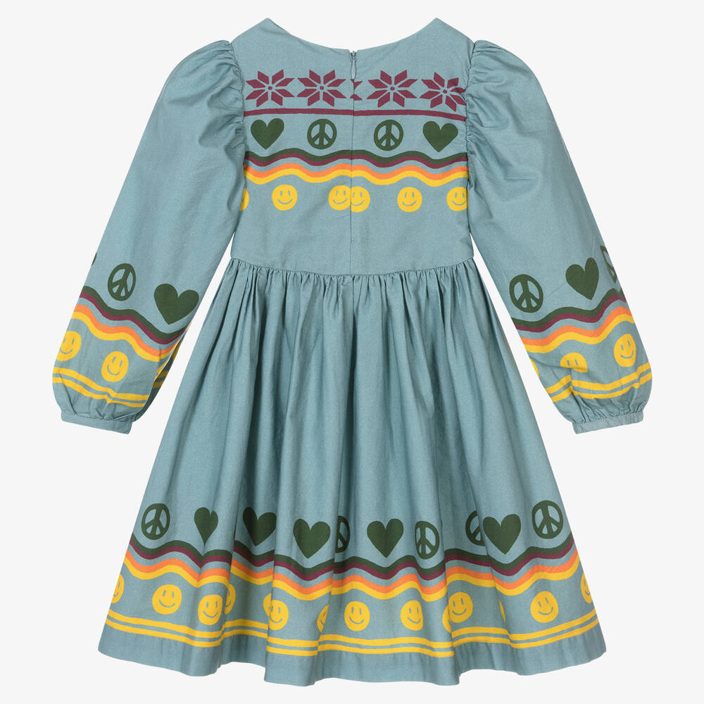Molo-Girls Blue Cotton Peace & Love Dress | Childrensalon Outlet