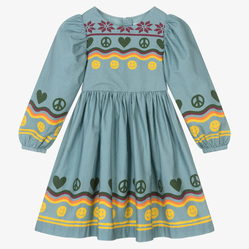 Molo-Girls Blue Cotton Peace & Love Dress | Childrensalon Outlet