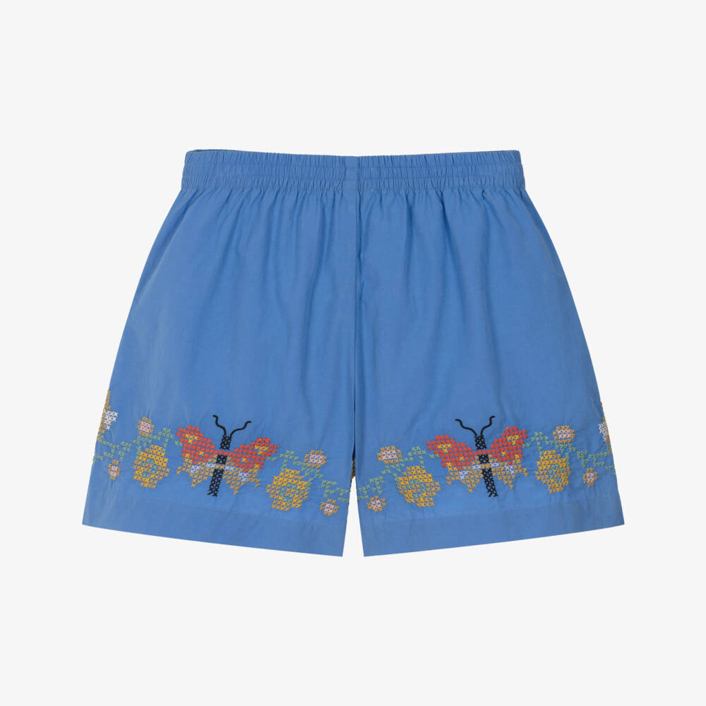 Molo-Girls Blue Cotton Shorts with Cross Stitch Butterflies & Flowers | Childrensalon Outlet