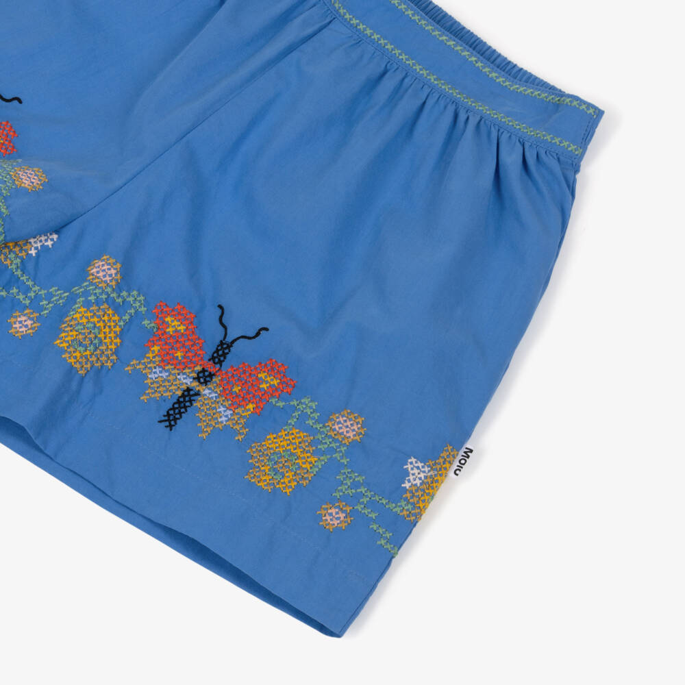 Molo-Girls Blue Cotton Shorts with Cross Stitch Butterflies & Flowers | Childrensalon Outlet