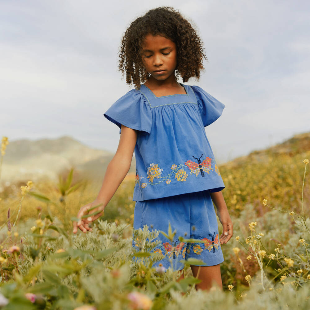Molo-Girls Blue Cotton Shorts with Cross Stitch Butterflies & Flowers | Childrensalon Outlet