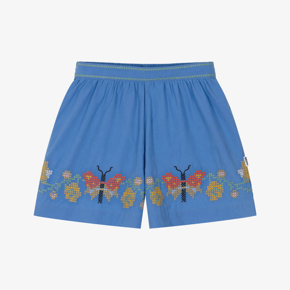 Molo-Girls Blue Cotton Shorts with Cross Stitch Butterflies & Flowers | Childrensalon Outlet