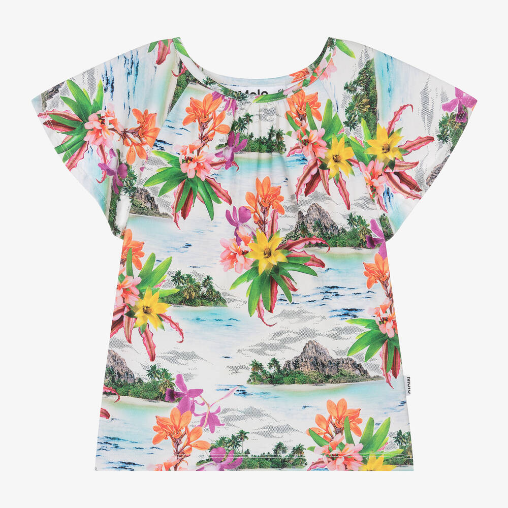 Molo-Girls Blue Cotton Tropical Print T-Shirt | Childrensalon Outlet