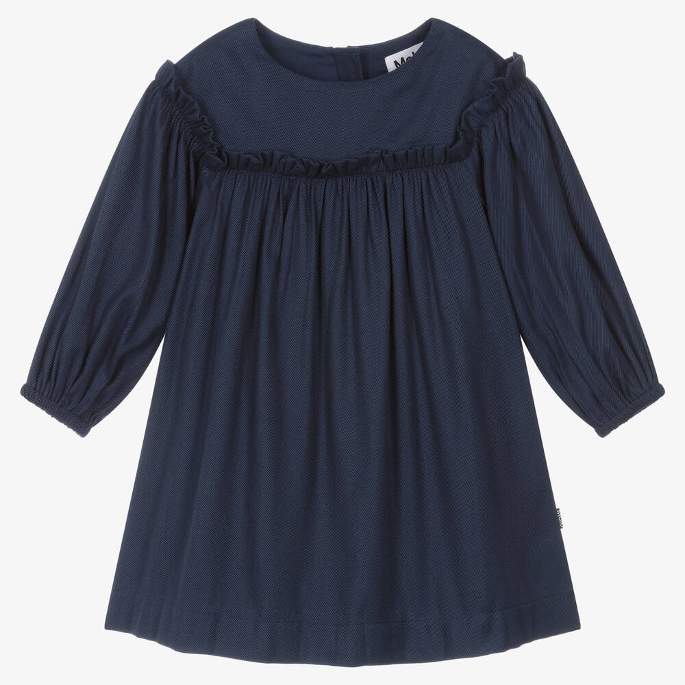 Molo-Girls Blue Cotton & Viscose Twill Dress | Childrensalon Outlet
