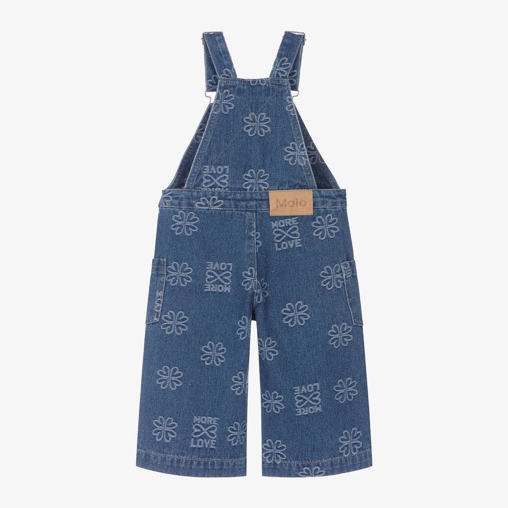Molo-Girls Blue Denim Flower Print Dungarees | Childrensalon Outlet