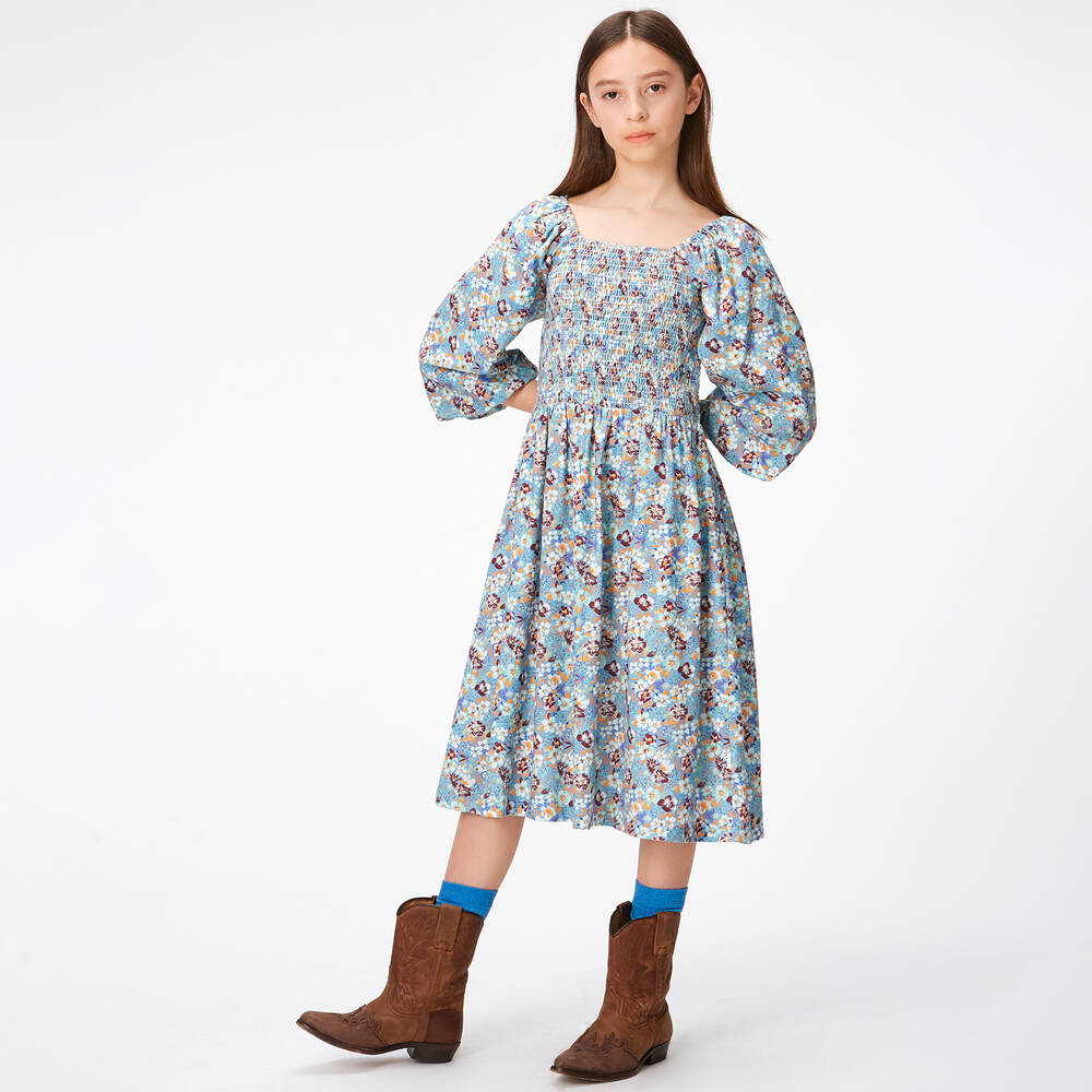Molo-فستان قطن وفيسكوز تويل لون أزرق بطبعة ورود | Childrensalon Outlet