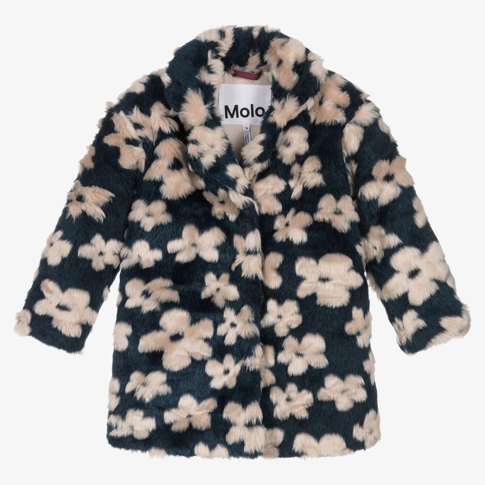 Molo - Girls Blue Floral Faux Fur Coat | Childrensalon
