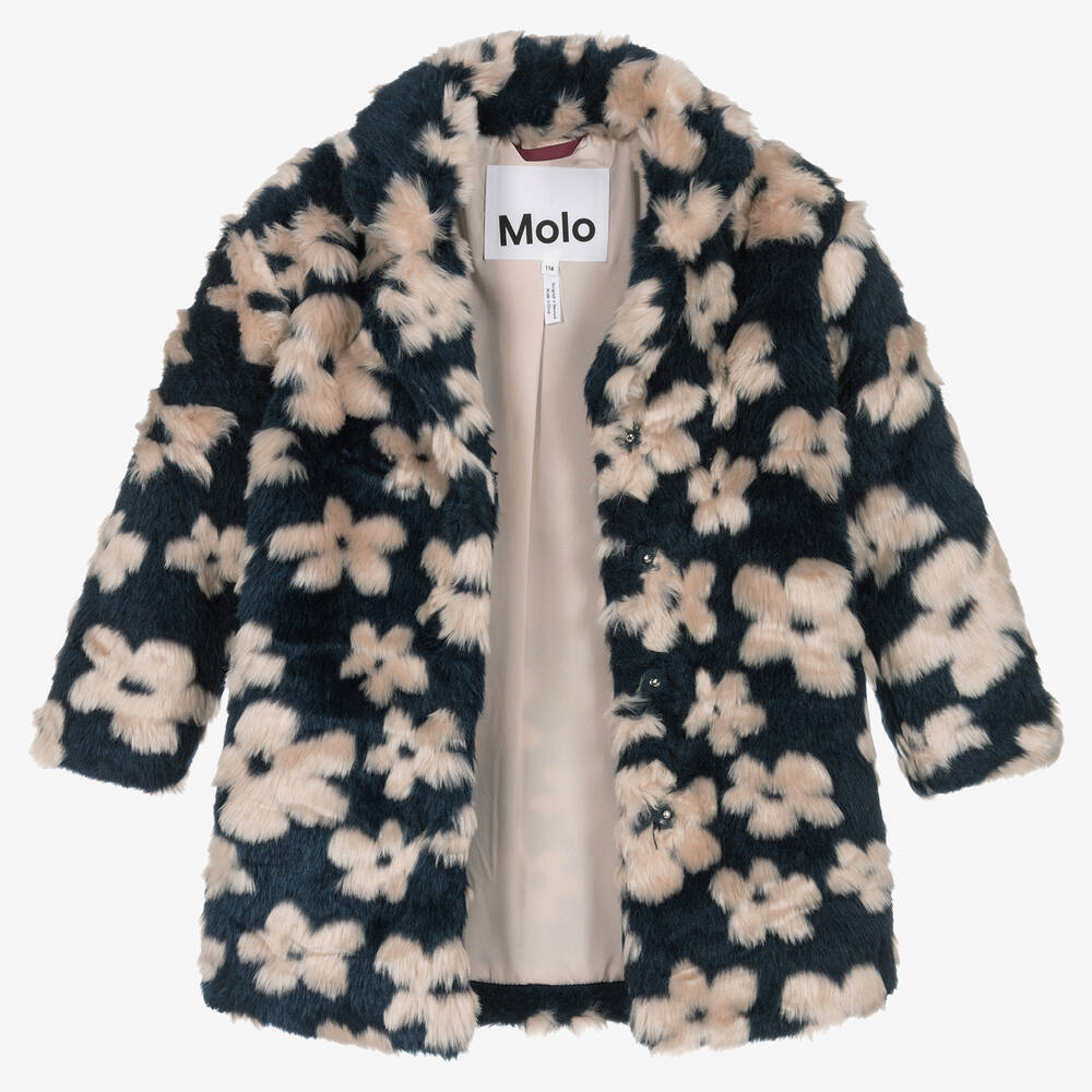 Molo-Girls Blue Floral Faux Fur Coat | Childrensalon Outlet
