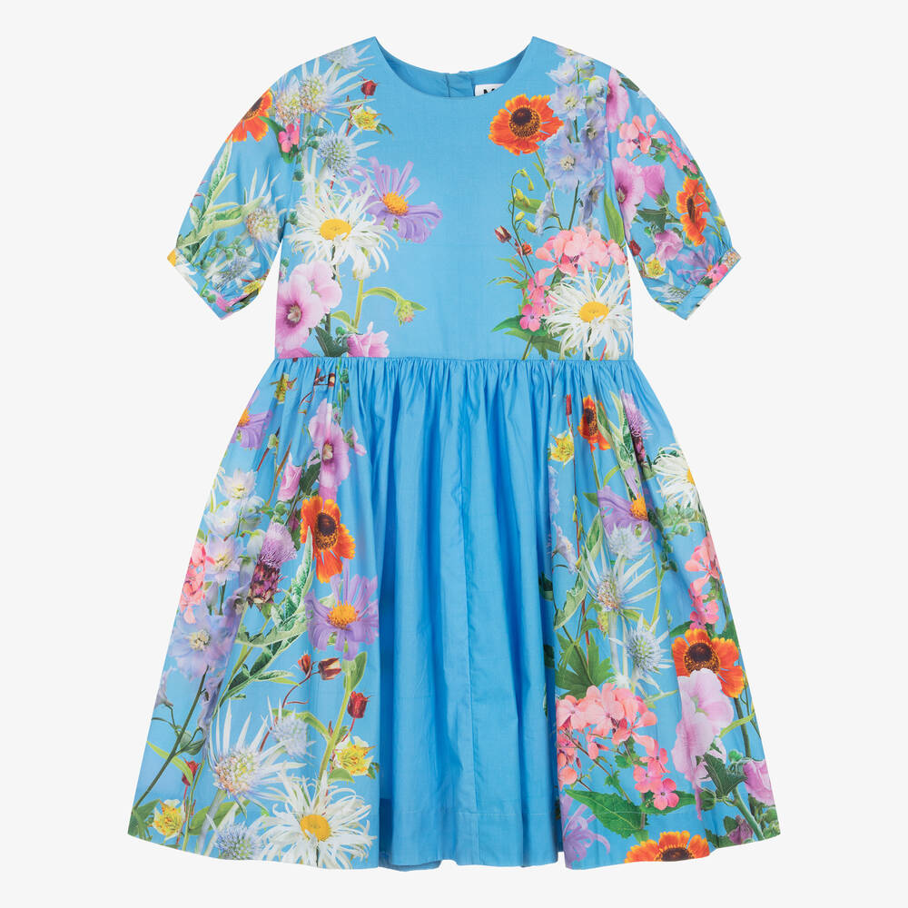 Molo-Girls Blue Floral Organic Cotton Dress  | Childrensalon Outlet