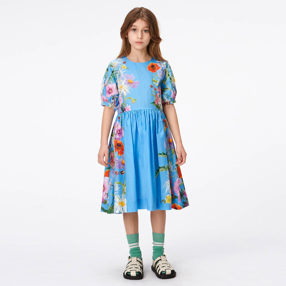 Molo-Girls Blue Floral Organic Cotton Dress | Childrensalon Outlet