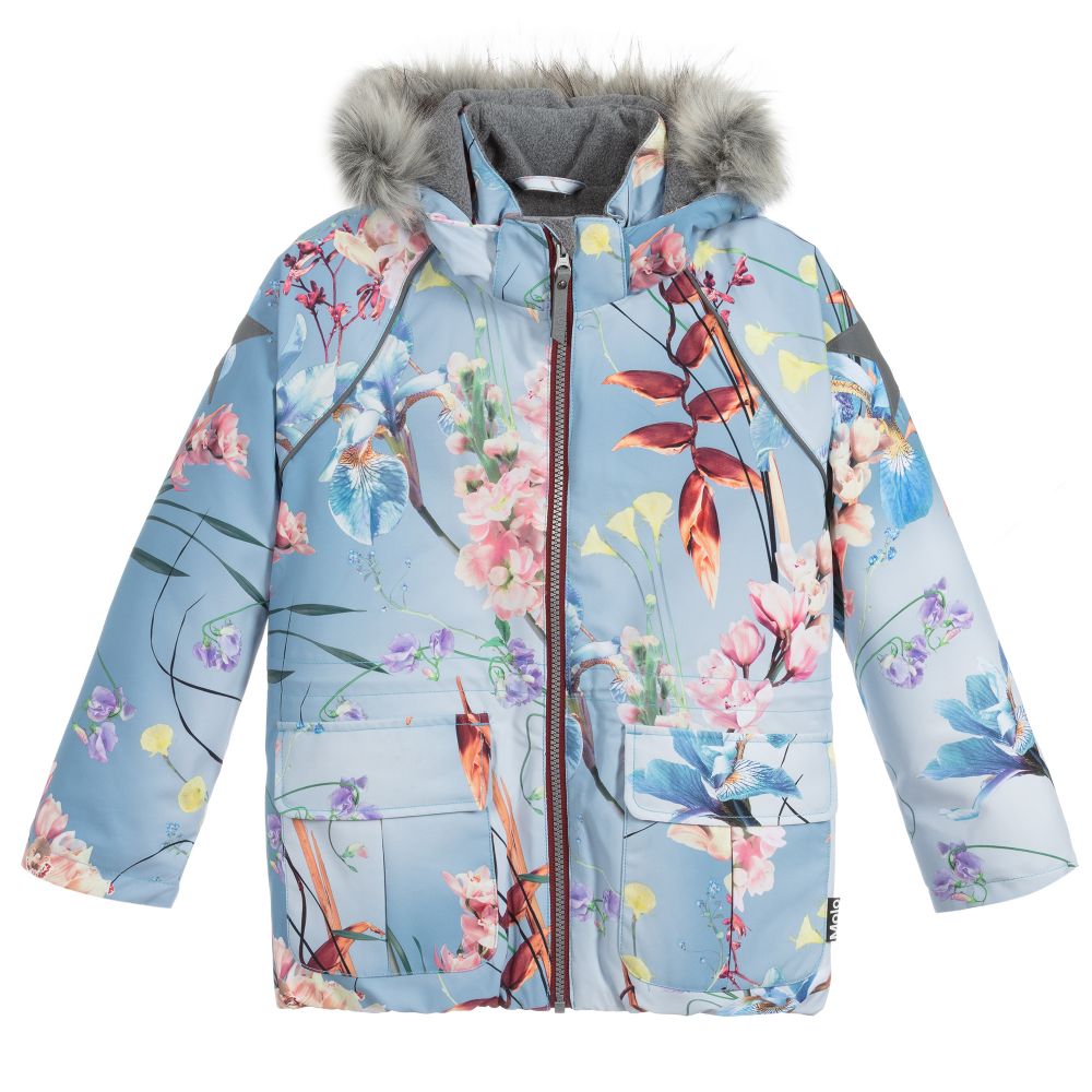 Molo - Голубая лыжная куртка с цветочным рисунком для девочек  | Childrensalon