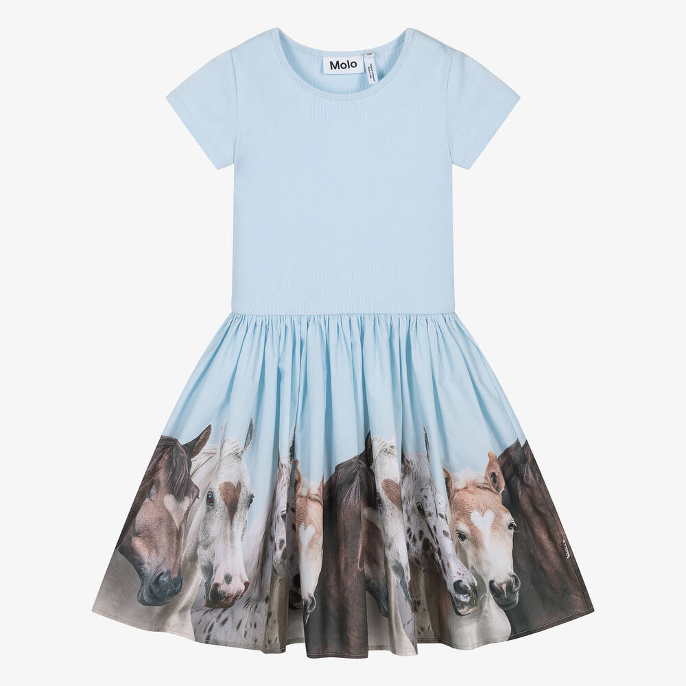 Molo-Girls Blue Horse Organic Cotton Dress | Childrensalon Outlet