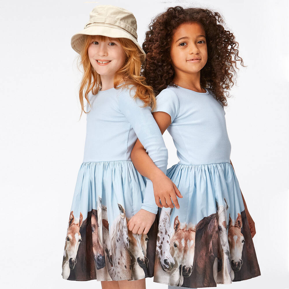 Molo-Girls Blue Horse Organic Cotton Dress | Childrensalon Outlet