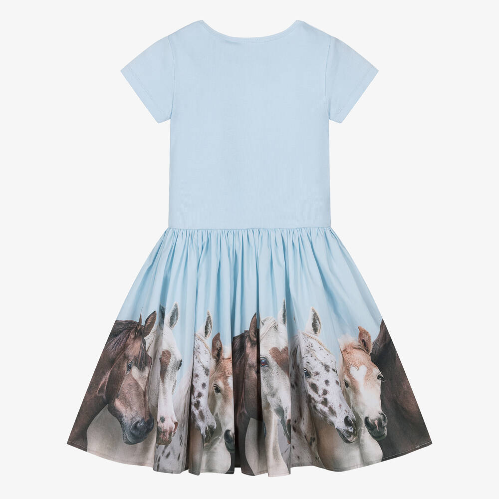 Molo-Girls Blue Horse Organic Cotton Dress | Childrensalon Outlet