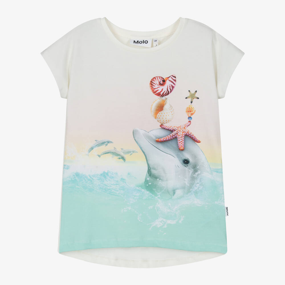 Molo-Girls Blue & Ivory Dolphin Tee | Childrensalon Outlet