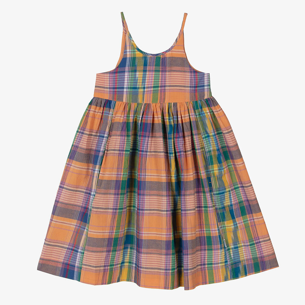 Molo - Girls Blue & Orange Cotton Check Dress | Childrensalon