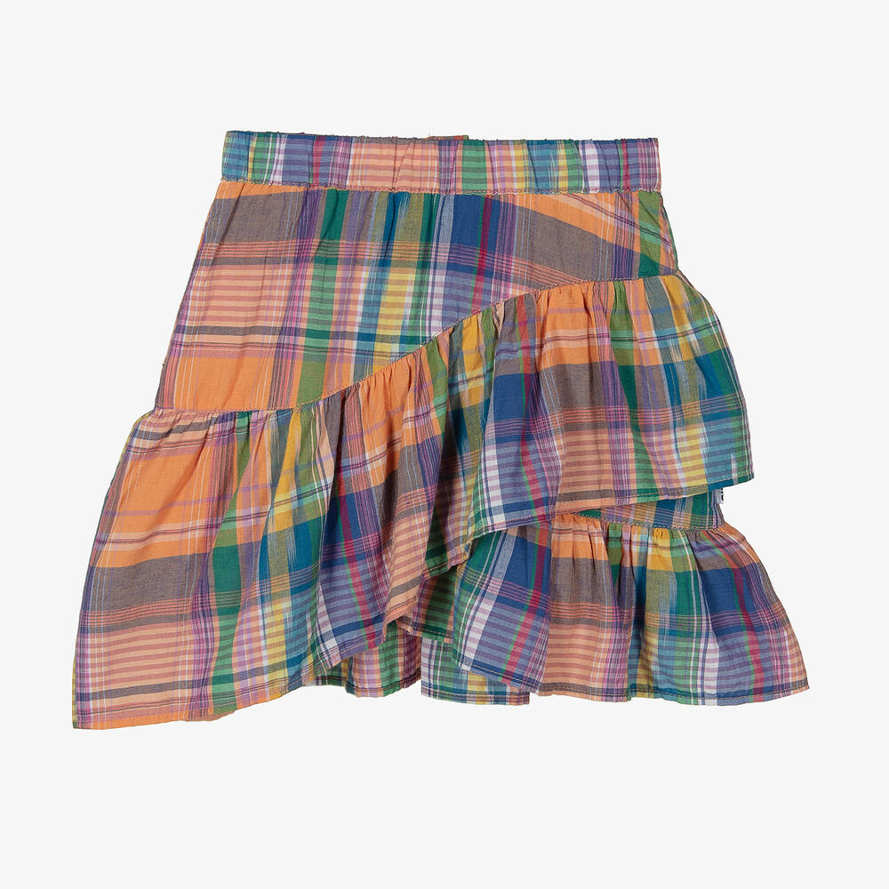 Molo - Girls Blue & Orange Cotton Check Skirt | Childrensalon