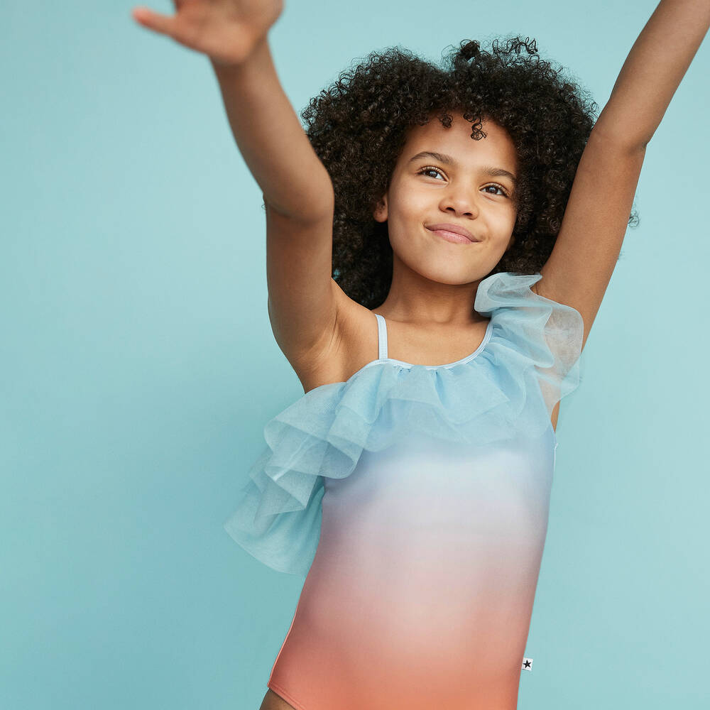 Molo Girls Blue Orange Ruffle Swimsuit UPF50