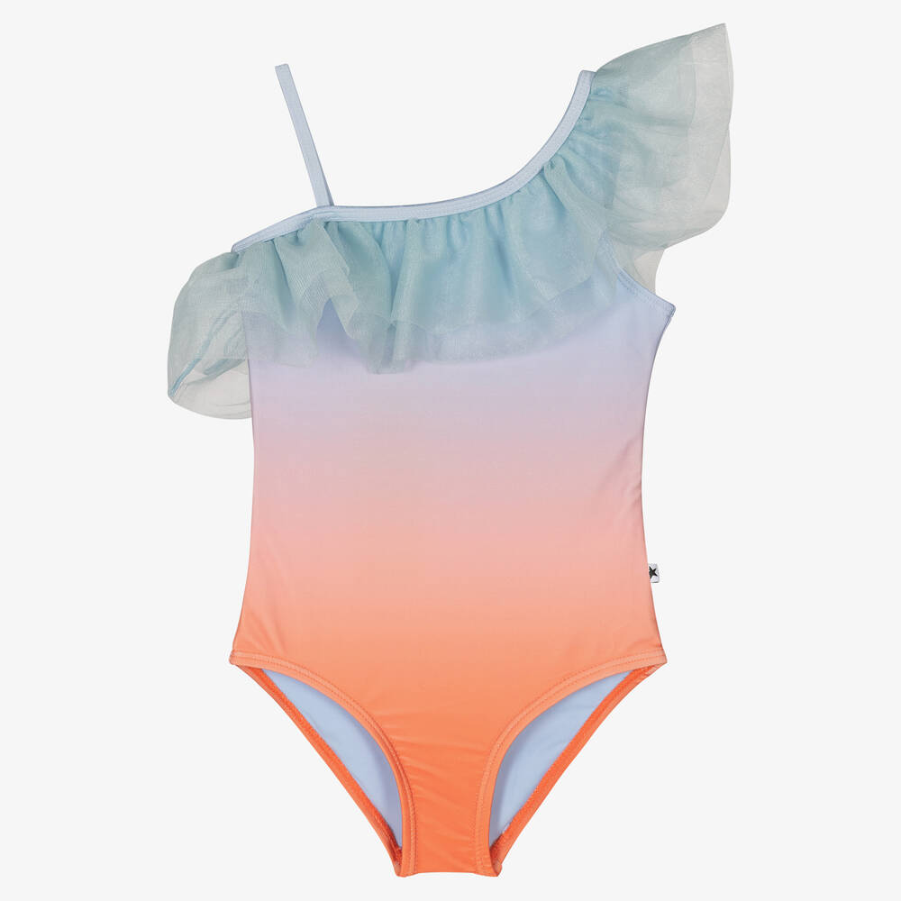 Molo - Girls Blue & Orange Ruffle Swimsuit (UPF50+) | Childrensalon