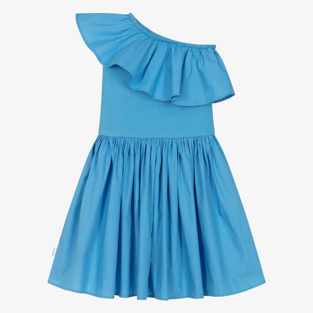 Molo-Girls Blue Organic Cotton One Shoulder Dress | Childrensalon Outlet