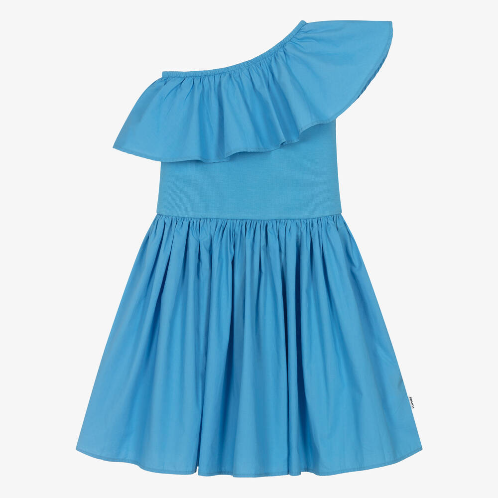 Molo-Girls Blue Organic Cotton One Shoulder Dress | Childrensalon Outlet