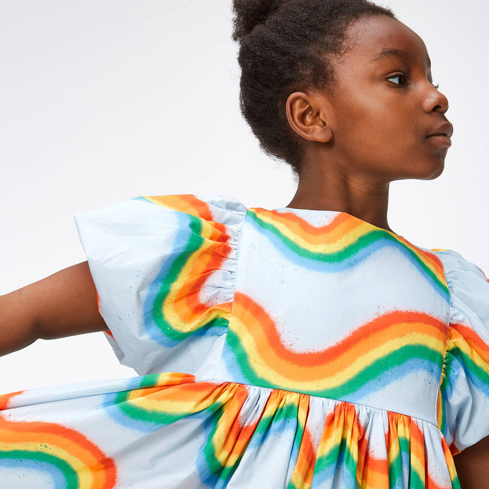 Molo-Girls Blue Organic Cotton Rainbow Dress | Childrensalon Outlet