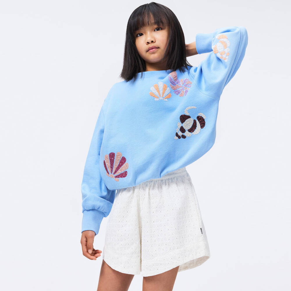 Molo-Girls Blue Organic Cotton Sequin Seashell Sweatshirt | Childrensalon Outlet