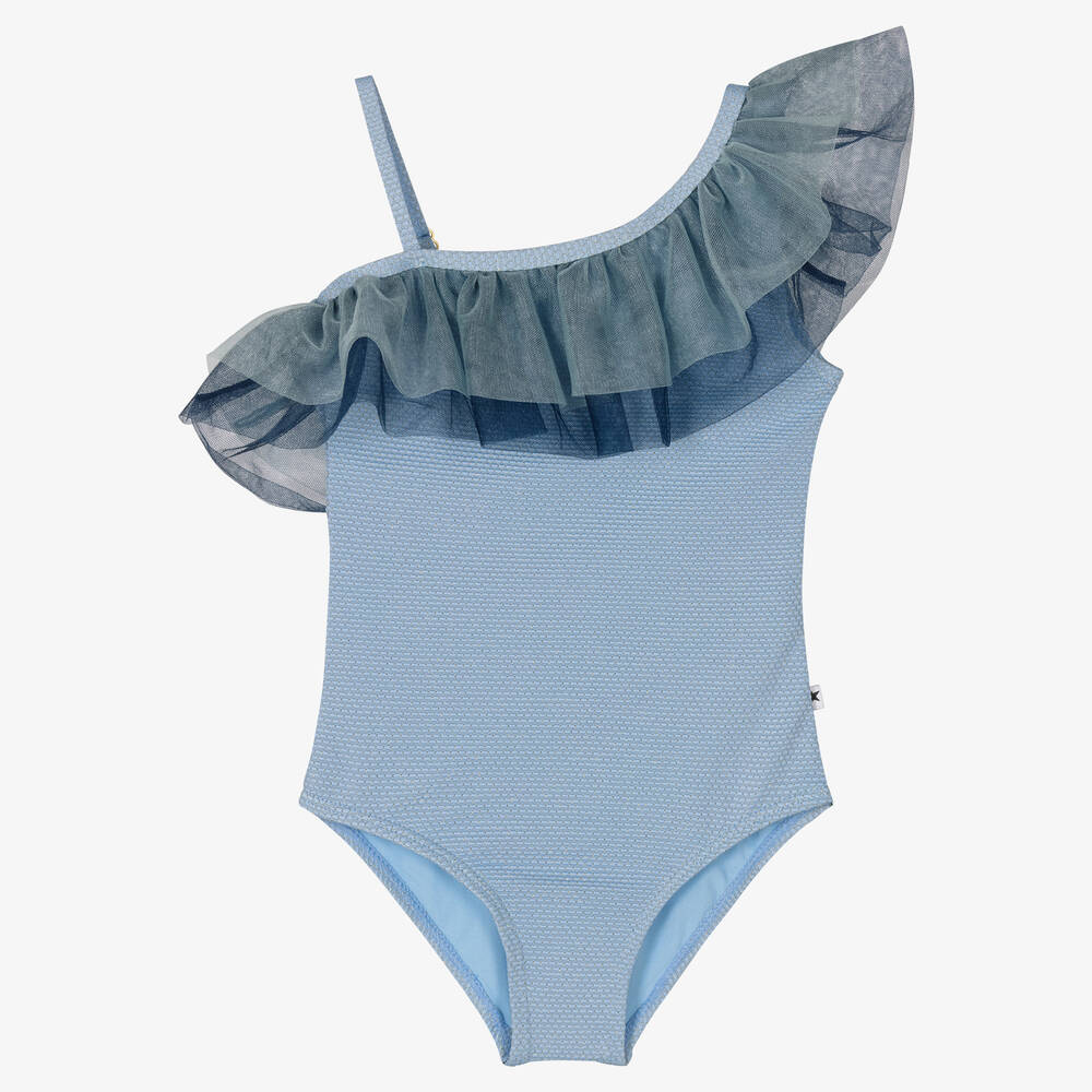 Molo - Girls Blue Ruffle Swimsuit (UPF50+) | Childrensalon