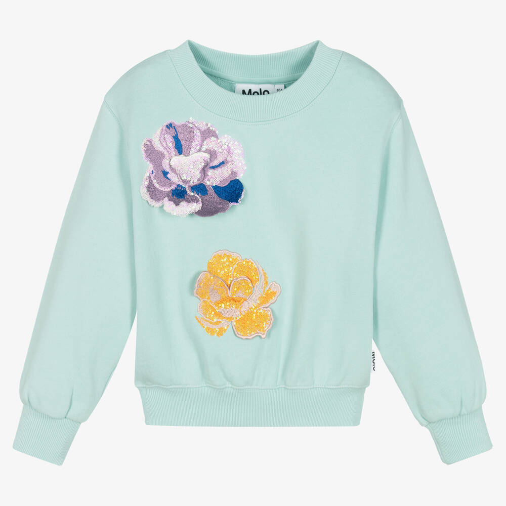 Molo - Голубой свитшот с цветами из пайеток | Childrensalon