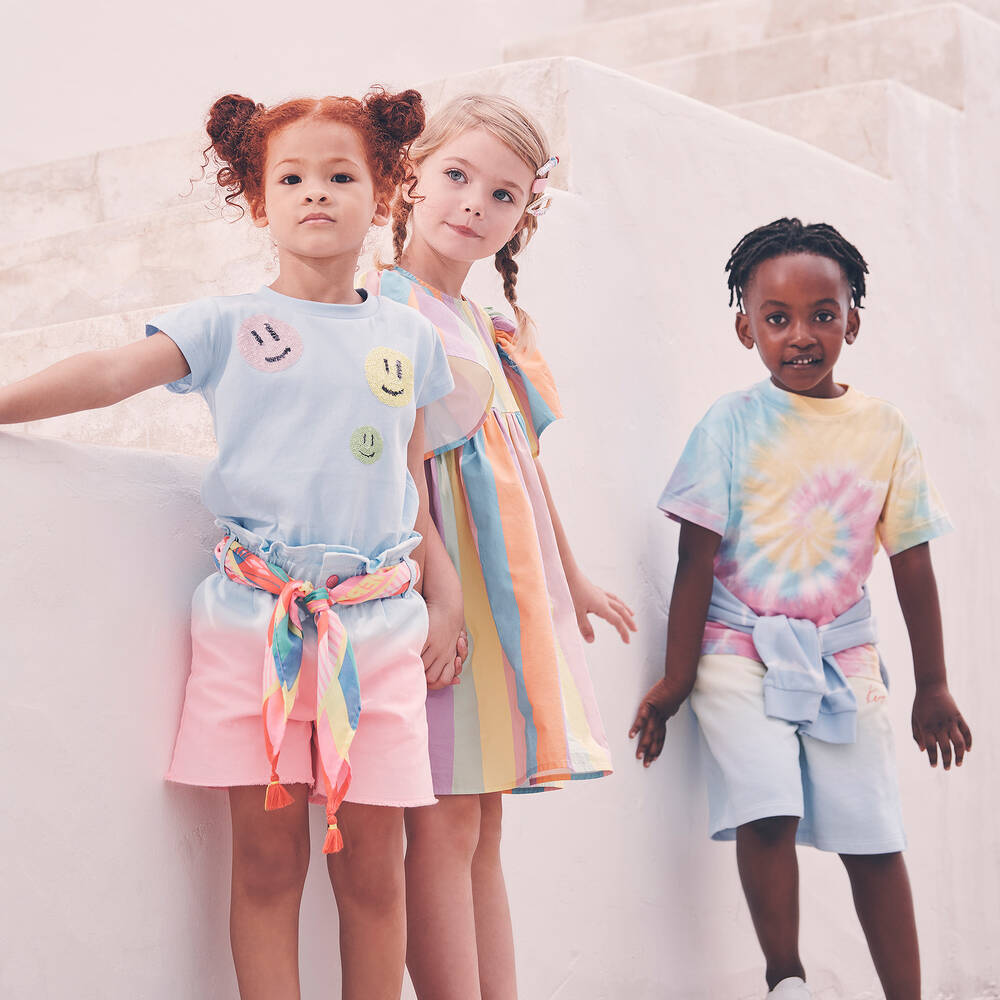 Molo-Girls Blue Smiling Face Cotton T-Shirt | Childrensalon Outlet