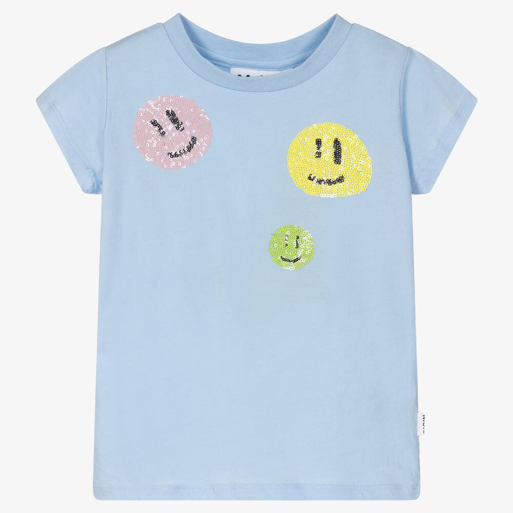 Molo - Girls Blue Smiling Face Cotton T-Shirt | Childrensalon