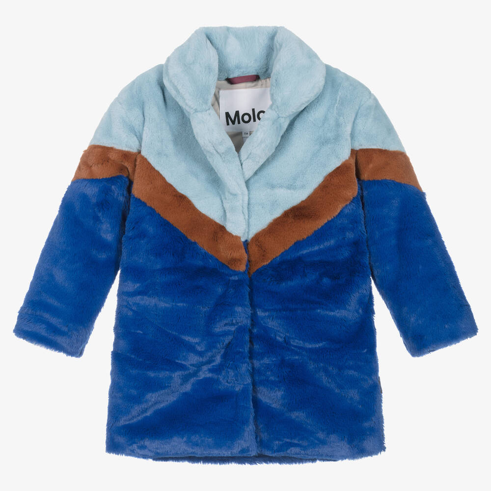 Molo - Girls Blue Stripe Faux Fur Coat | Childrensalon