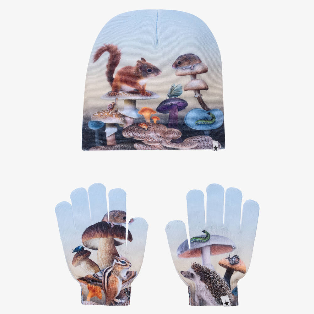Molo - Girls Blue Woodland Hat & Gloves Set | Childrensalon
