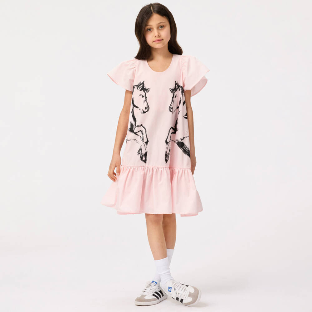 Molo-Girls Blush Cotton Horse Print Dress | Childrensalon Outlet