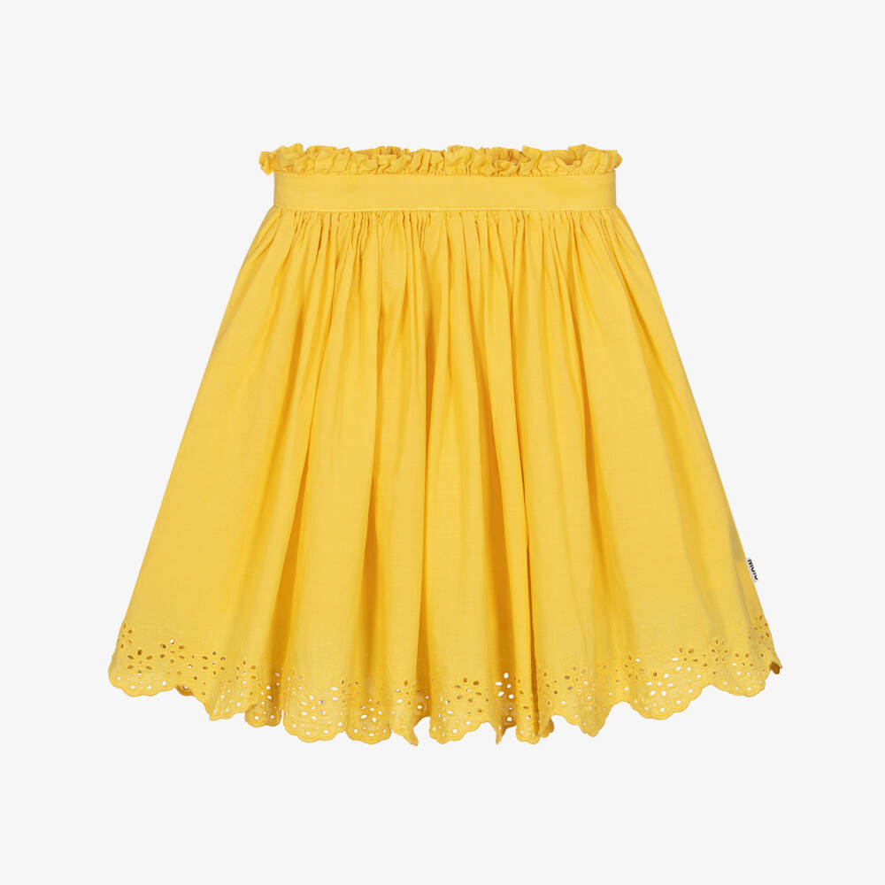 Molo-Girls Bright Yellow Cotton Skirt with Broderie Anglaise Trim | Childrensalon Outlet