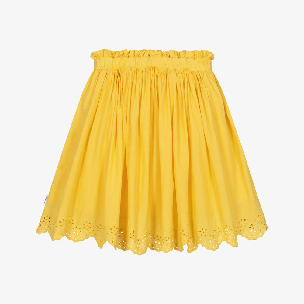 Molo-Girls Bright Yellow Cotton Skirt with Broderie Anglaise Trim | Childrensalon Outlet