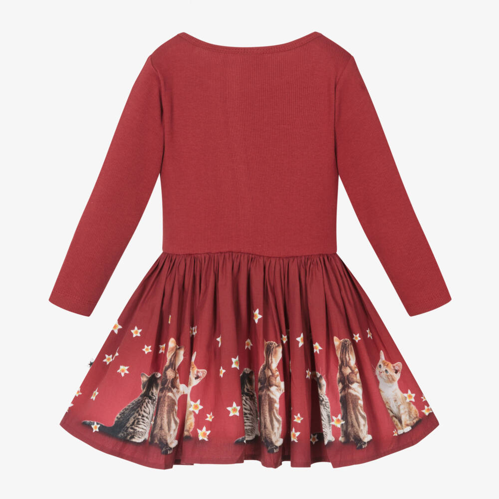 Molo-Girls Burgundy Kitten Print Dress | Childrensalon Outlet
