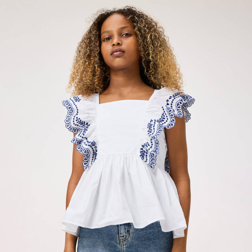 Molo-Белый хлопковый топ с ажурной вышивкой для девочек | Childrensalon Outlet