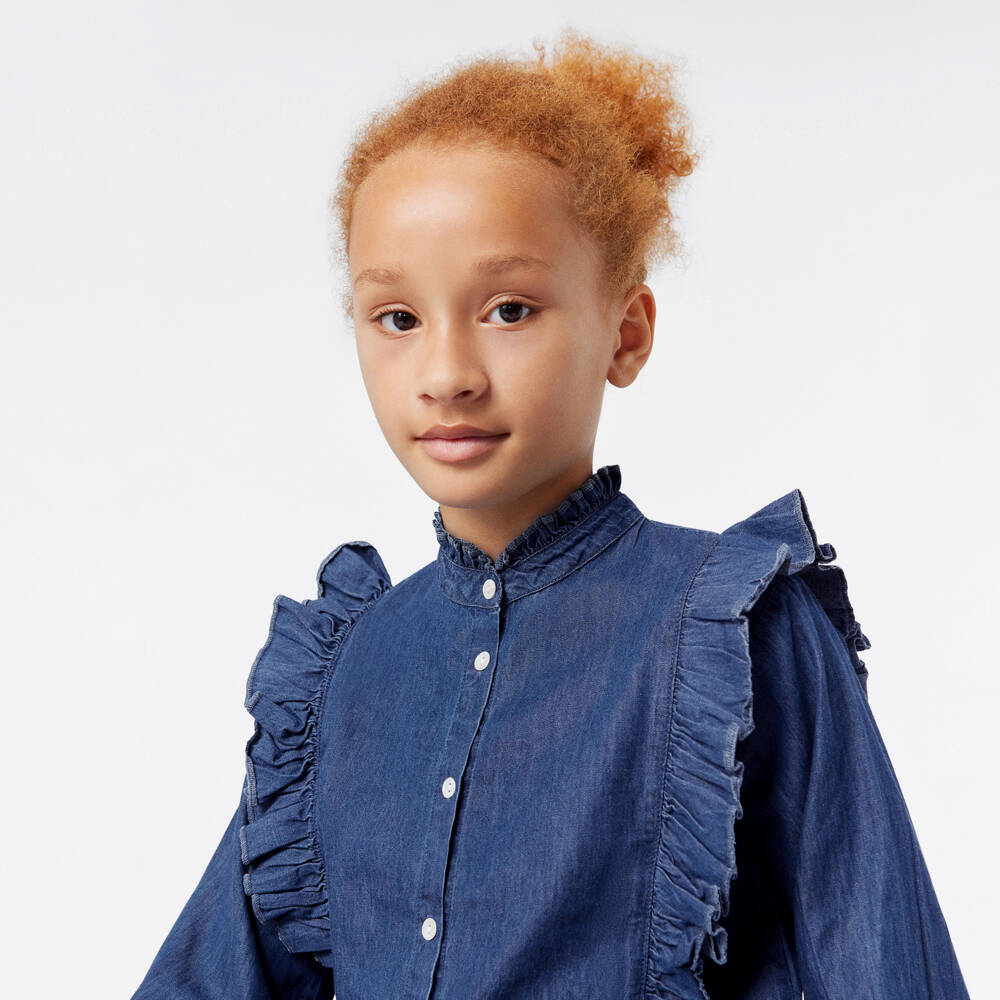 Molo-Girls Denim Ruffle Top | Childrensalon Outlet