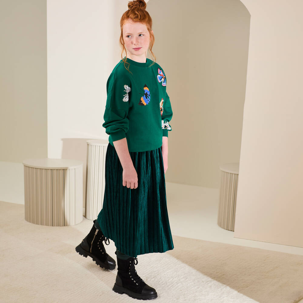 Molo-Girls Emerald Velvet Pleated Skirt | Childrensalon Outlet