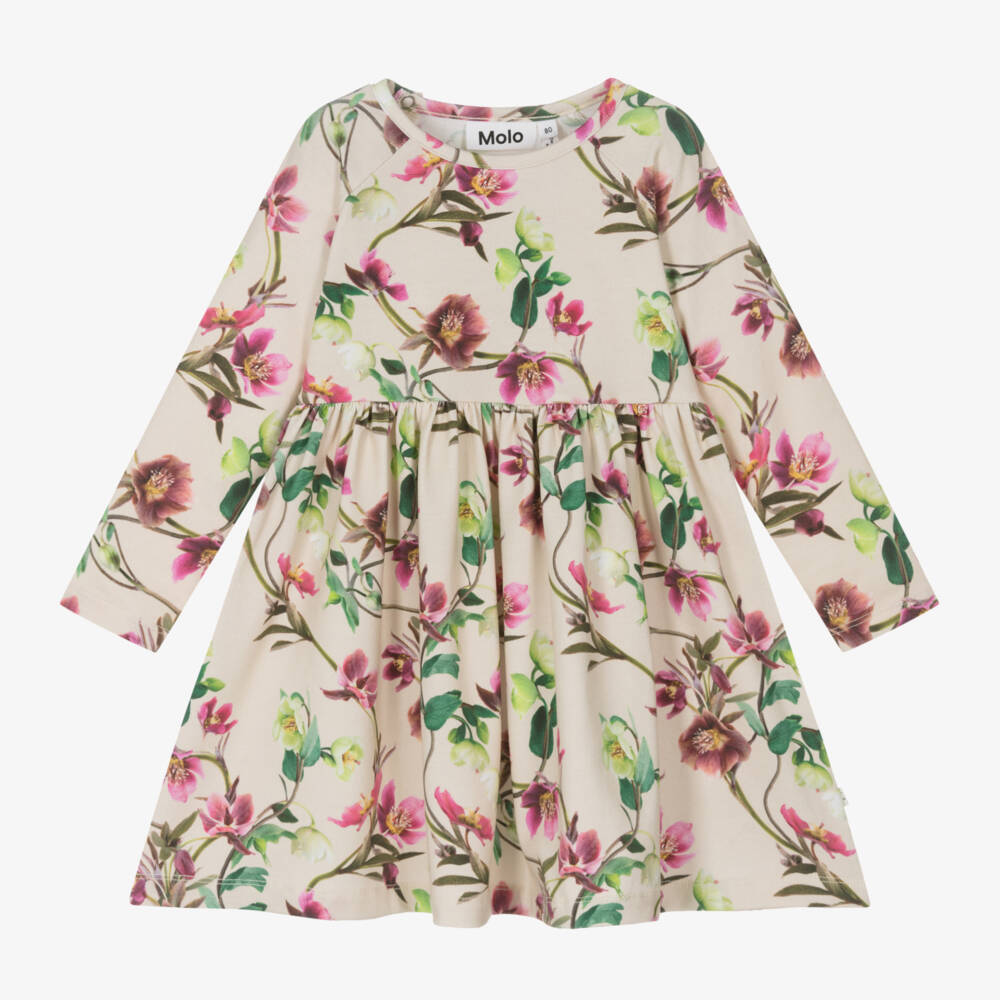 Molo-Girls Floral Beige Cotton Dress | Childrensalon Outlet