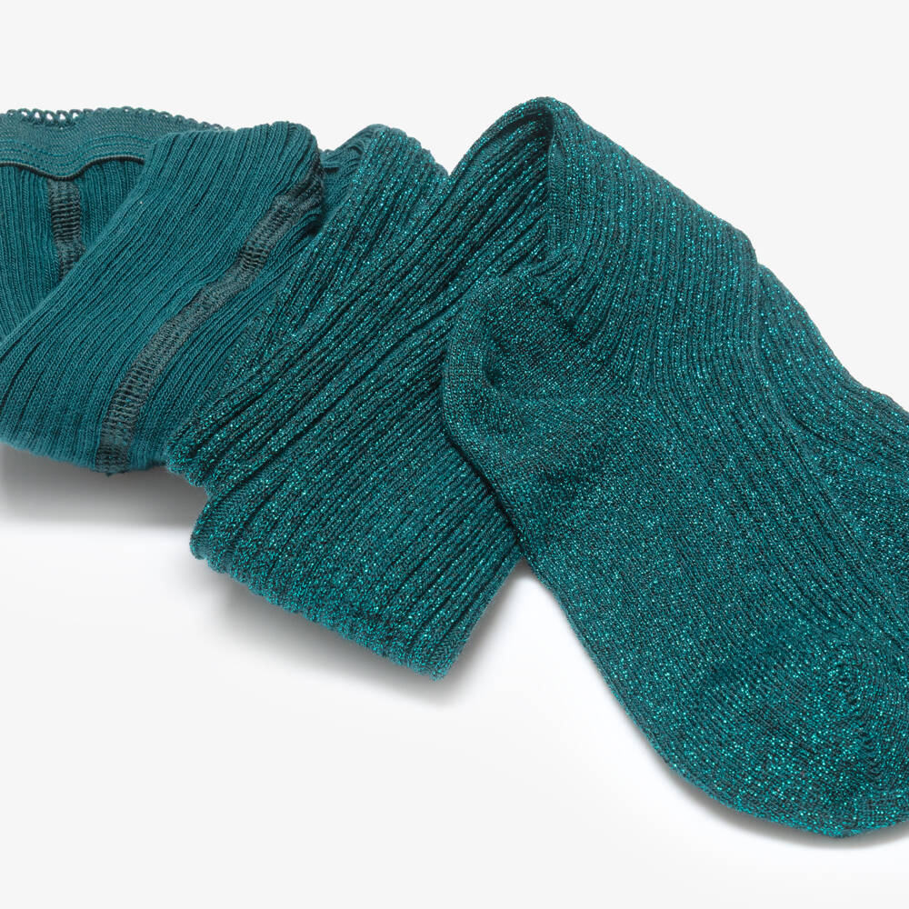 Molo-Girls Glittery Green Ribbed Tights | Childrensalon Outlet