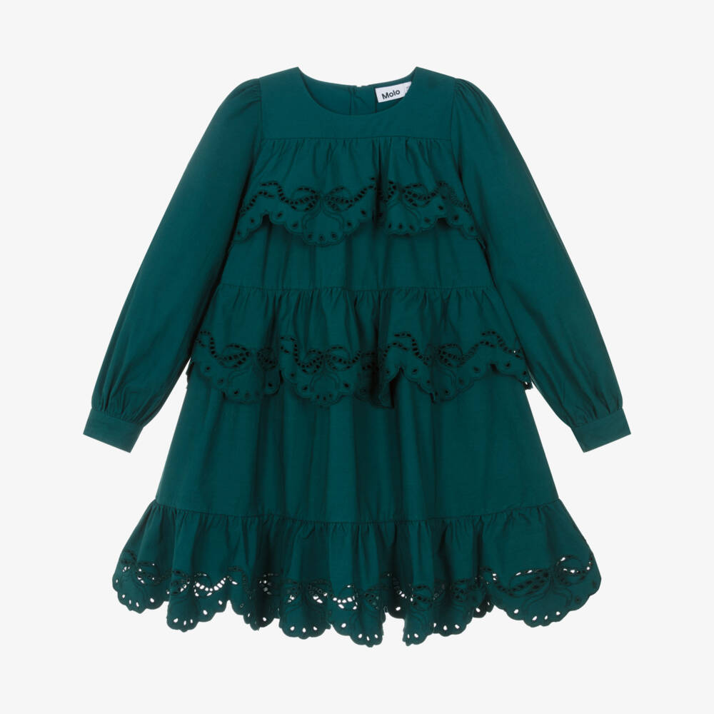 Molo-Элегантное зелёное хлопковое платье с вышивкой для девочек | Childrensalon Outlet
