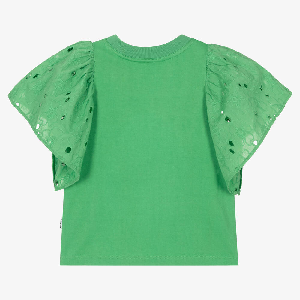 Molo-Girls Green Cotton Broderie Anglaise T-Shirt | Childrensalon Outlet
