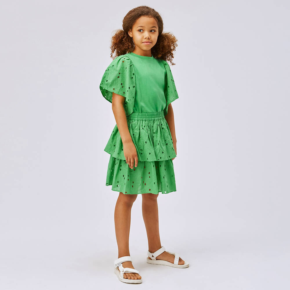 Molo-Girls Green Cotton Broderie Anglaise T-Shirt | Childrensalon Outlet