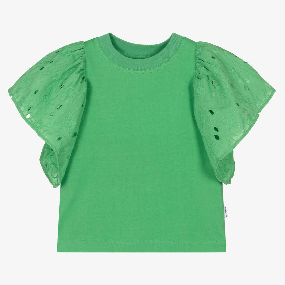 Molo - Girls Green Cotton Broderie Anglaise T-Shirt | Childrensalon