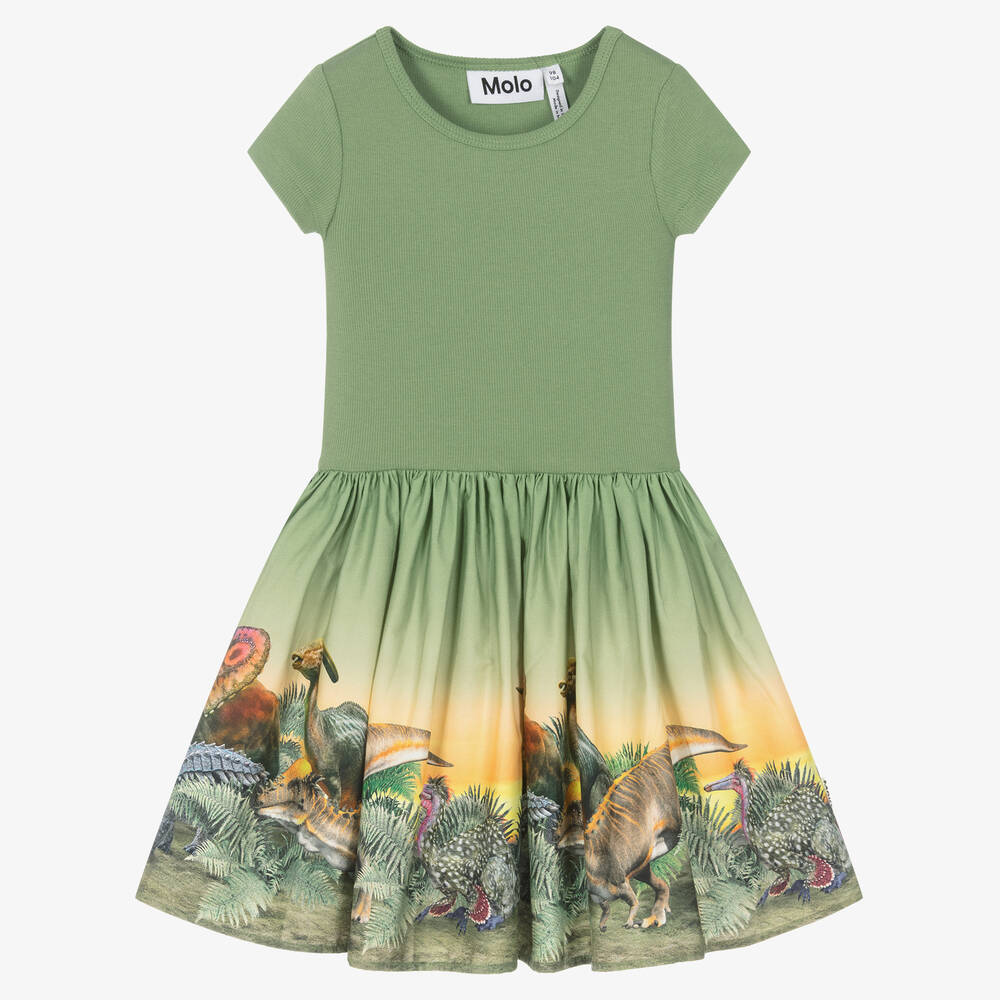 Molo - Girls Green Cotton Dinosaur Print Dress | Childrensalon